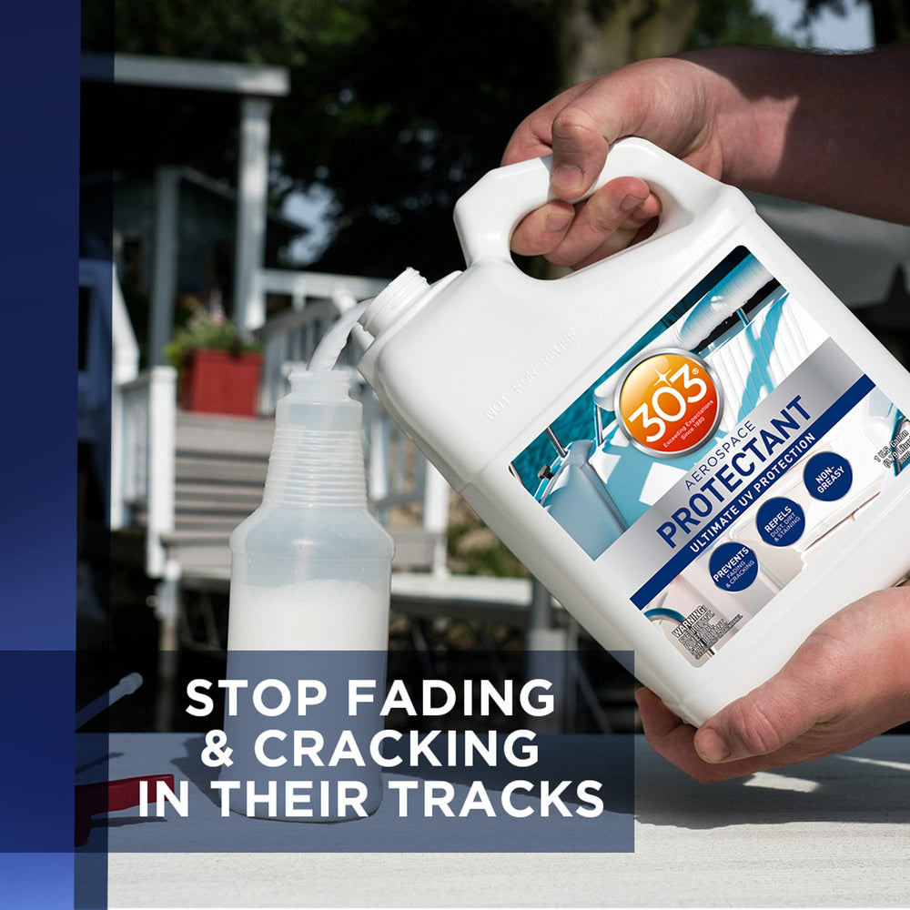 The 303 Products Marine Aerospace Protectant dust-repels exterior surfaces after treatment.