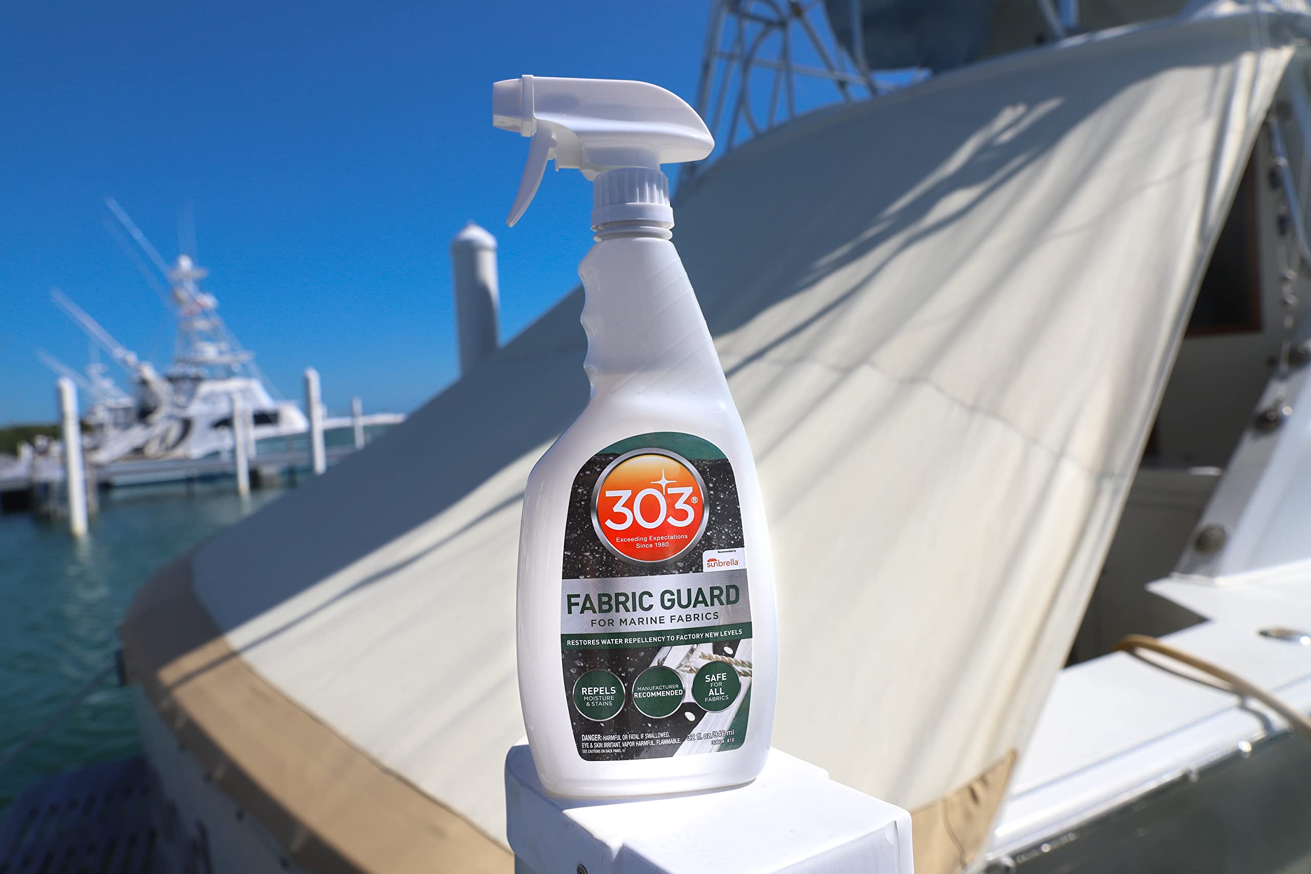 303 Marine Fabric Guard protects boat cushions and marine upholstery