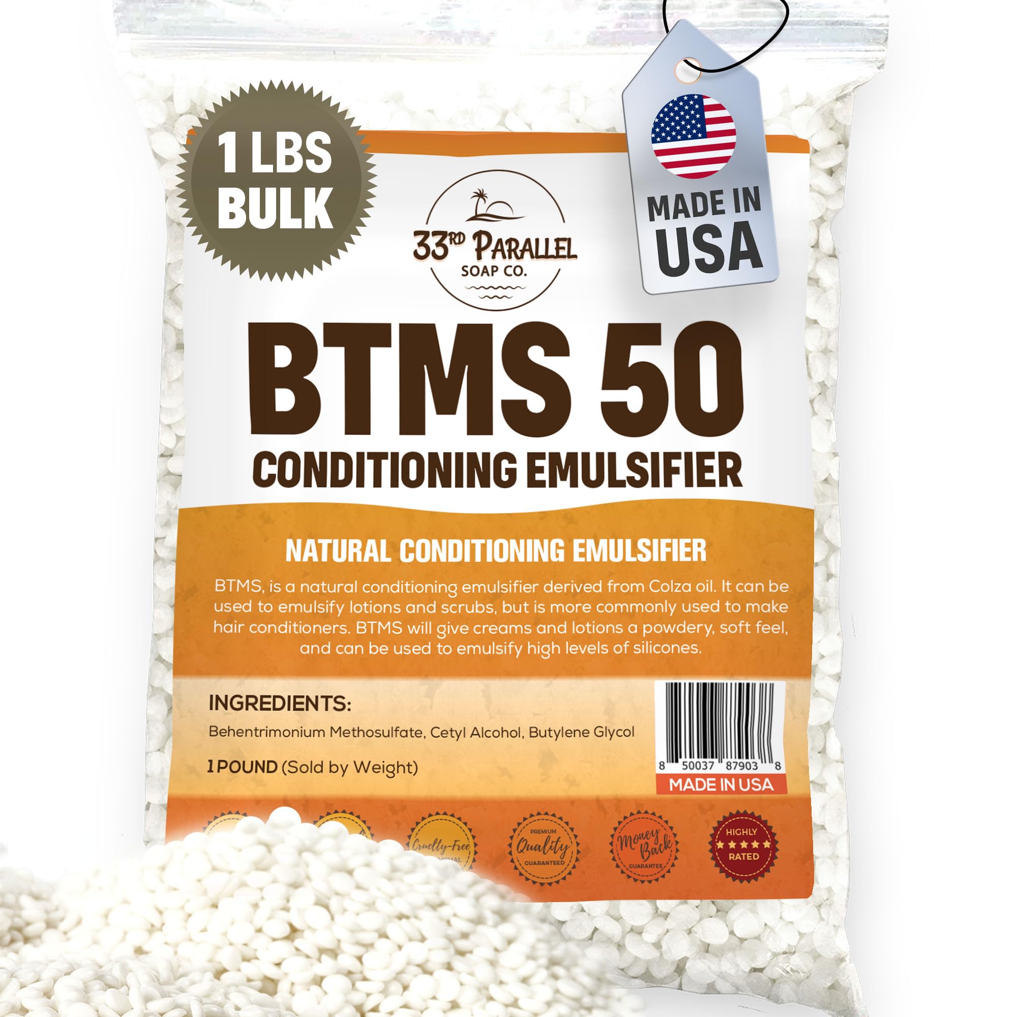 33rd Parallel BTMS 50 bottle close-up showing conditioning emulsifier for hair and skin