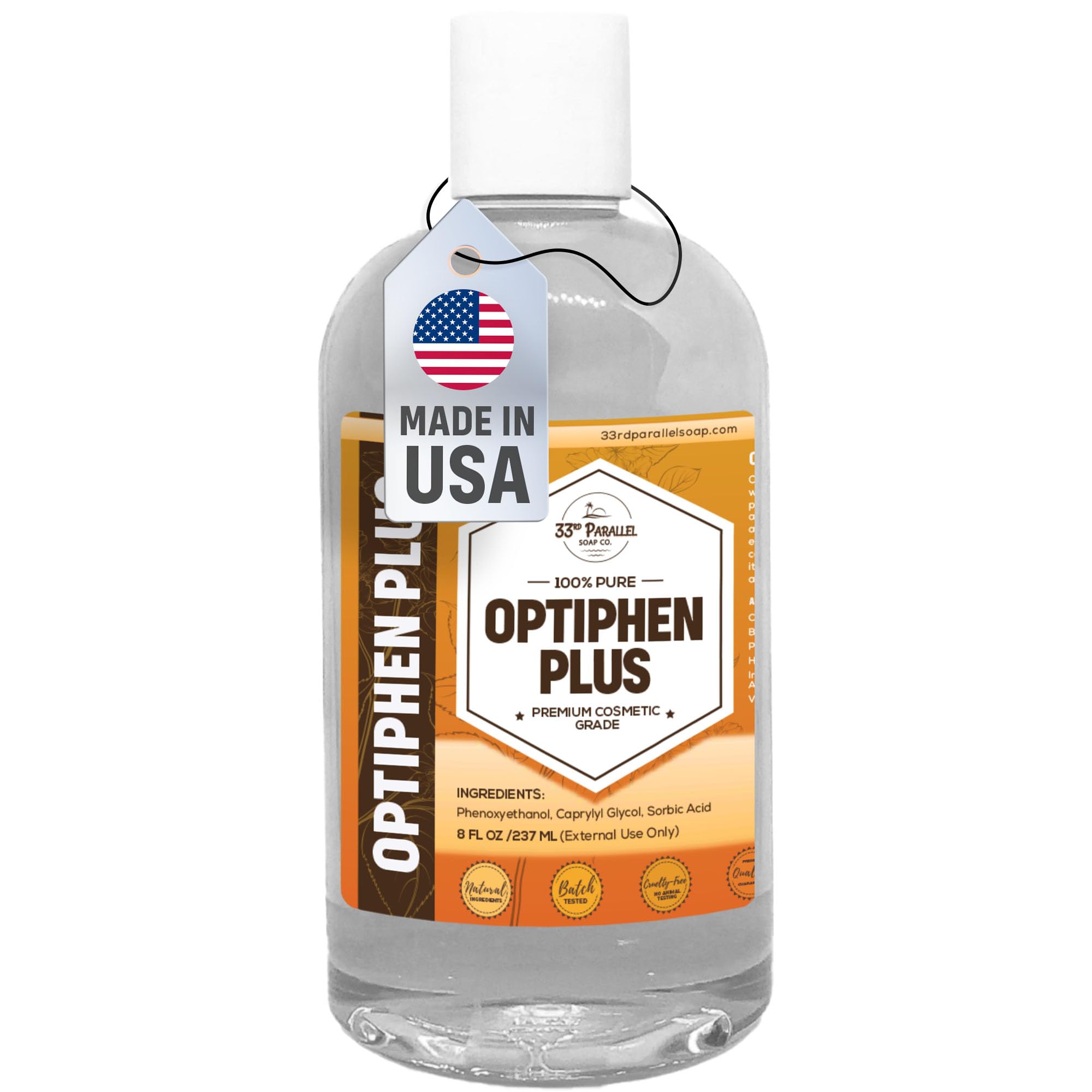 33rd Parallel Optiphen Plus bottle closeup for stable cosmetics.