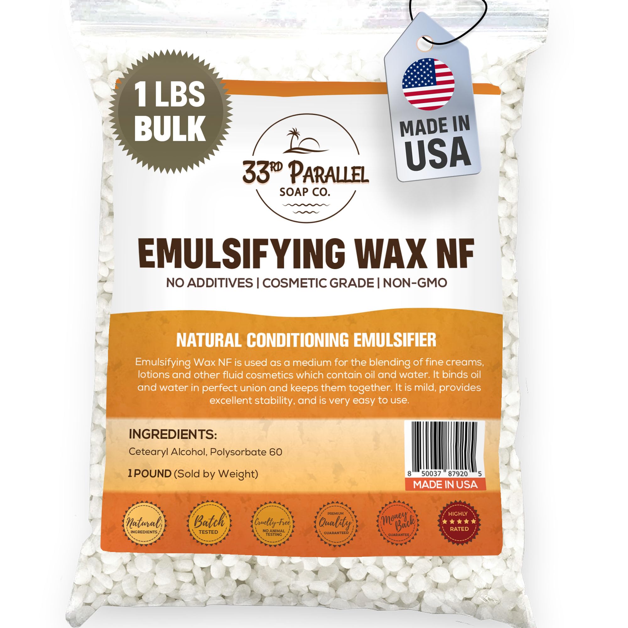 33RD PARALLEL SOAP CO Non-GMO Emulsifying Wax NF pastilles pack for versatile cosmetic formulations.