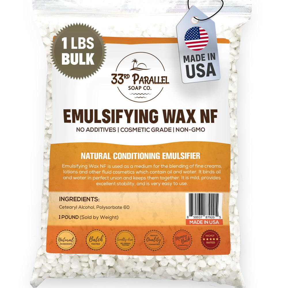 33RD PARALLEL SOAP CO Non-GMO Emulsifying Wax NF pastilles pack for versatile cosmetic formulations.