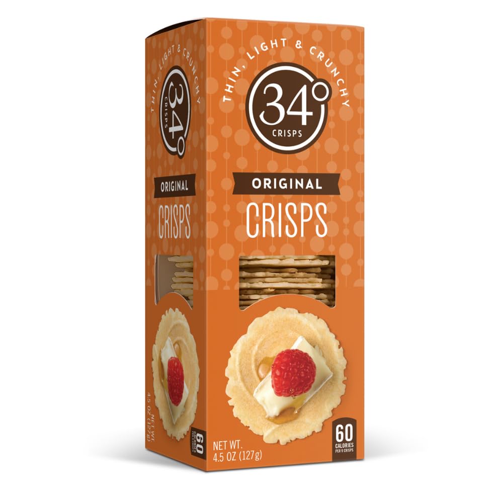 34 Degrees Original Crisps pack 4.5oz showing light, crunchy texture for versatile snacking.