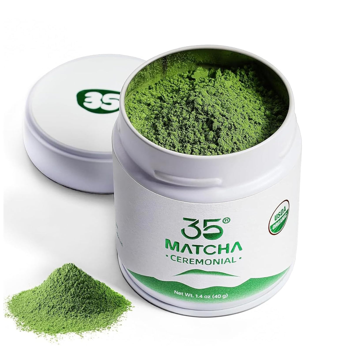 35°N MATCHA ceremonial-grade tin front for premium packaging and purity