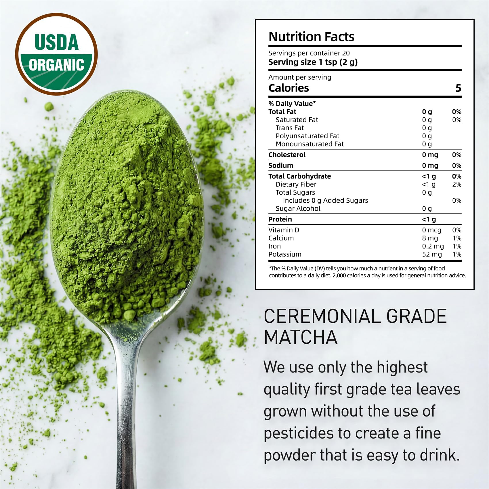 Ultrafine 5-10 μm matcha powder close-up showing silky texture