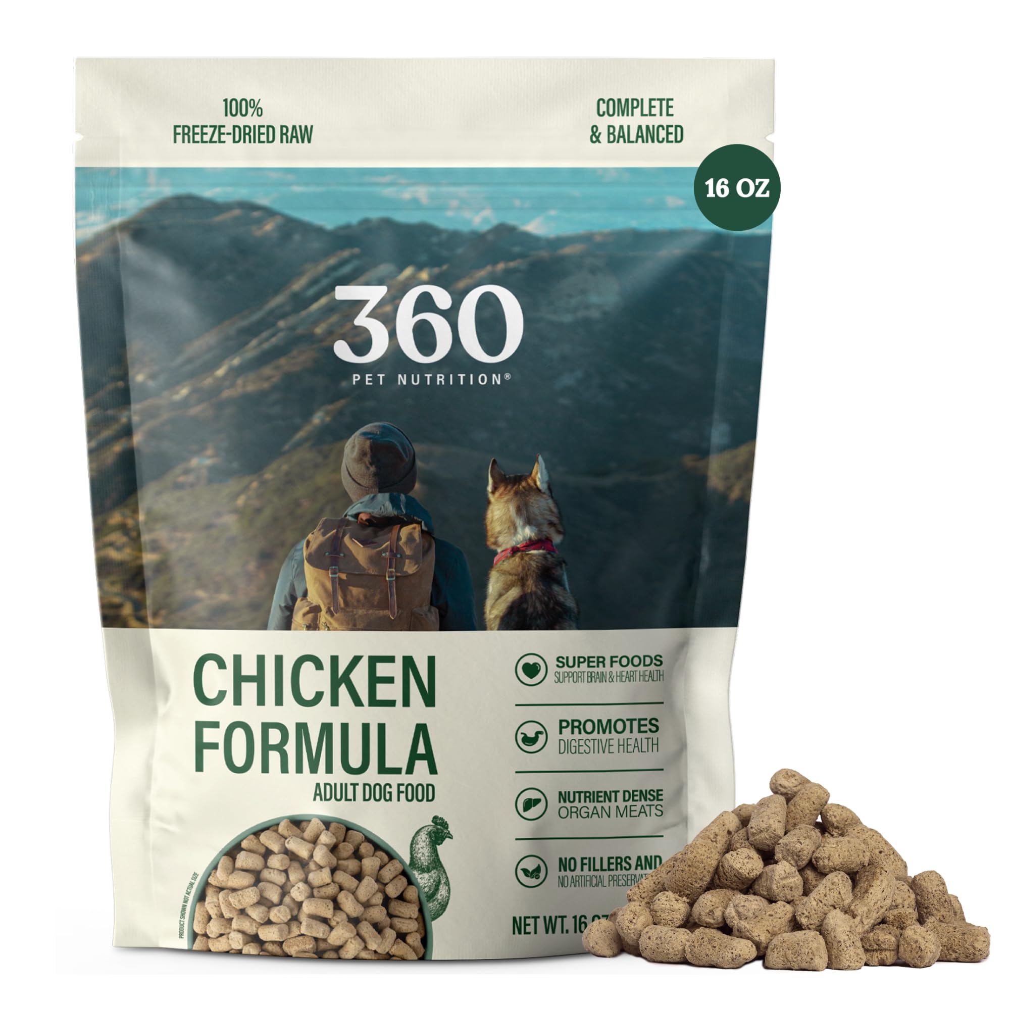 360 Pet Nutrition Freeze-Dried Raw Dog Food—chicken liver and organ pieces for protein and nutrients.