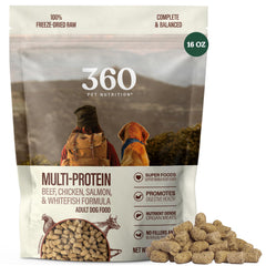 360 Pet Nutrition freeze-dried raw dog food bag front showing convenient high-protein meals