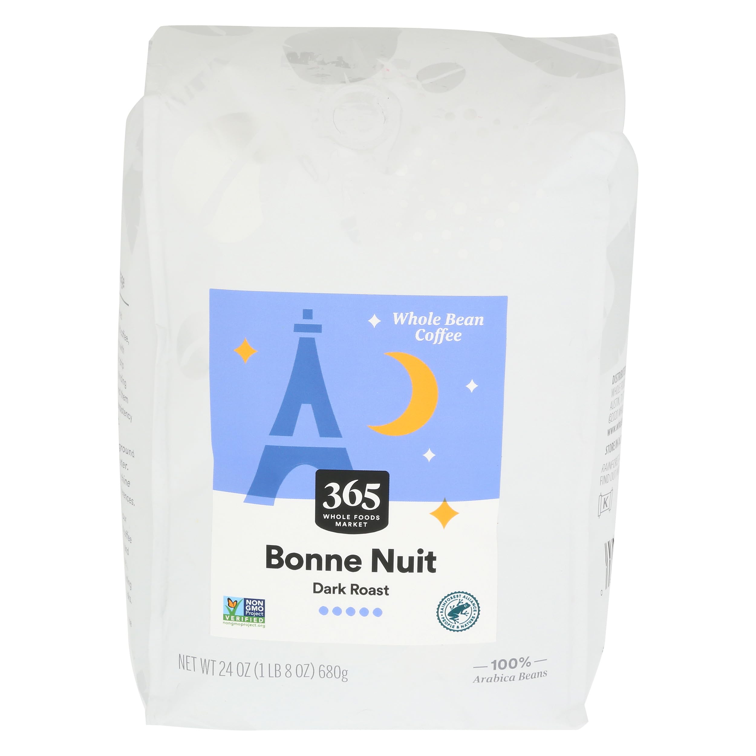 365 Bonne Nuit coffee bag front label shows bold dark roast for bold mornings.