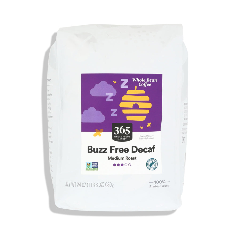 365 by Whole Foods Market Buzz Free Decaf coffee bag on kitchen counter, ideal for caffeine-free evenings.