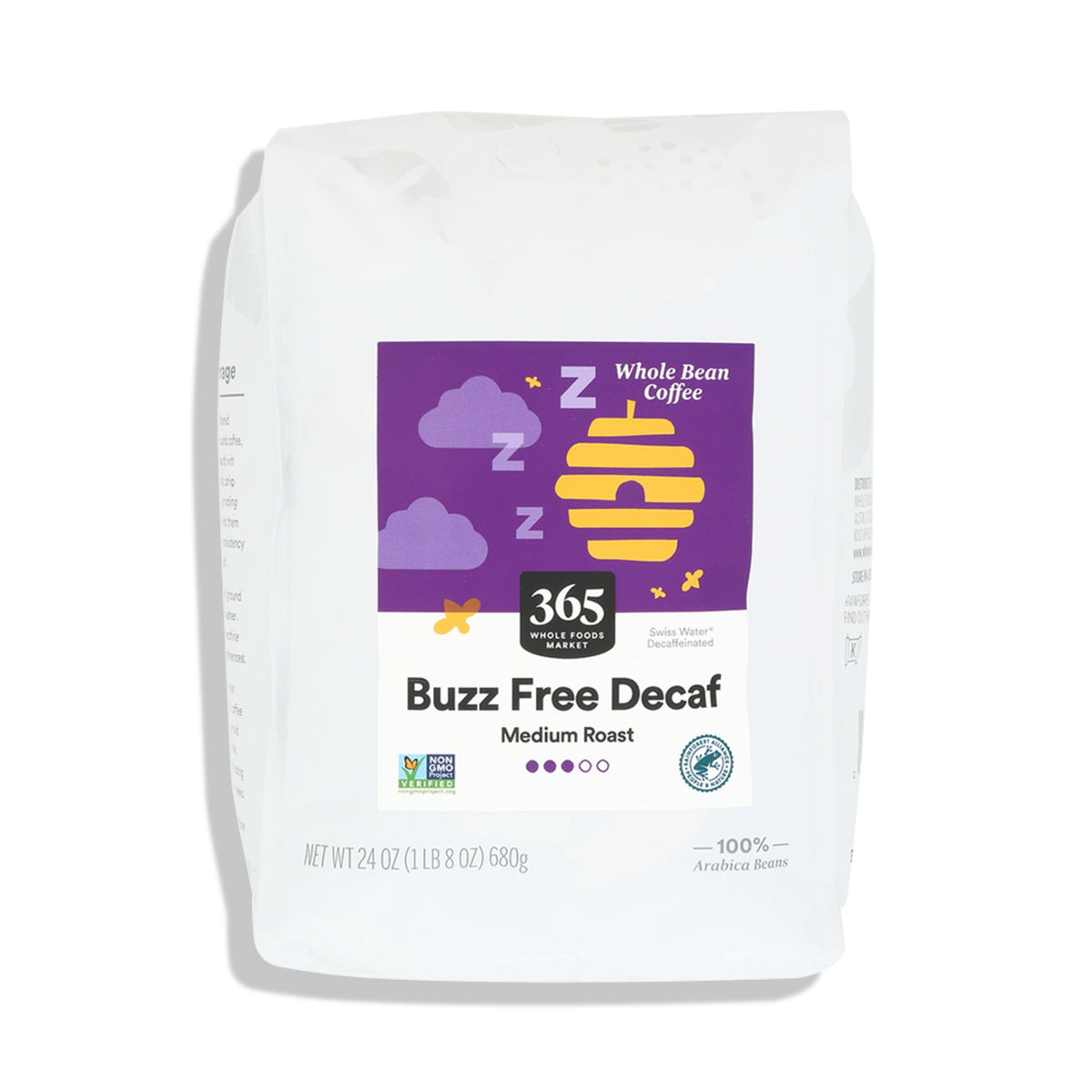 365 by Whole Foods Market Buzz Free Decaf coffee bag on kitchen counter, ideal for caffeine-free evenings.