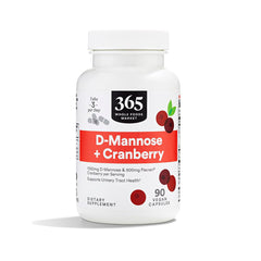 365 by Whole Foods Market D-Mannose with Cranberry bottle front may support urinary tract health.