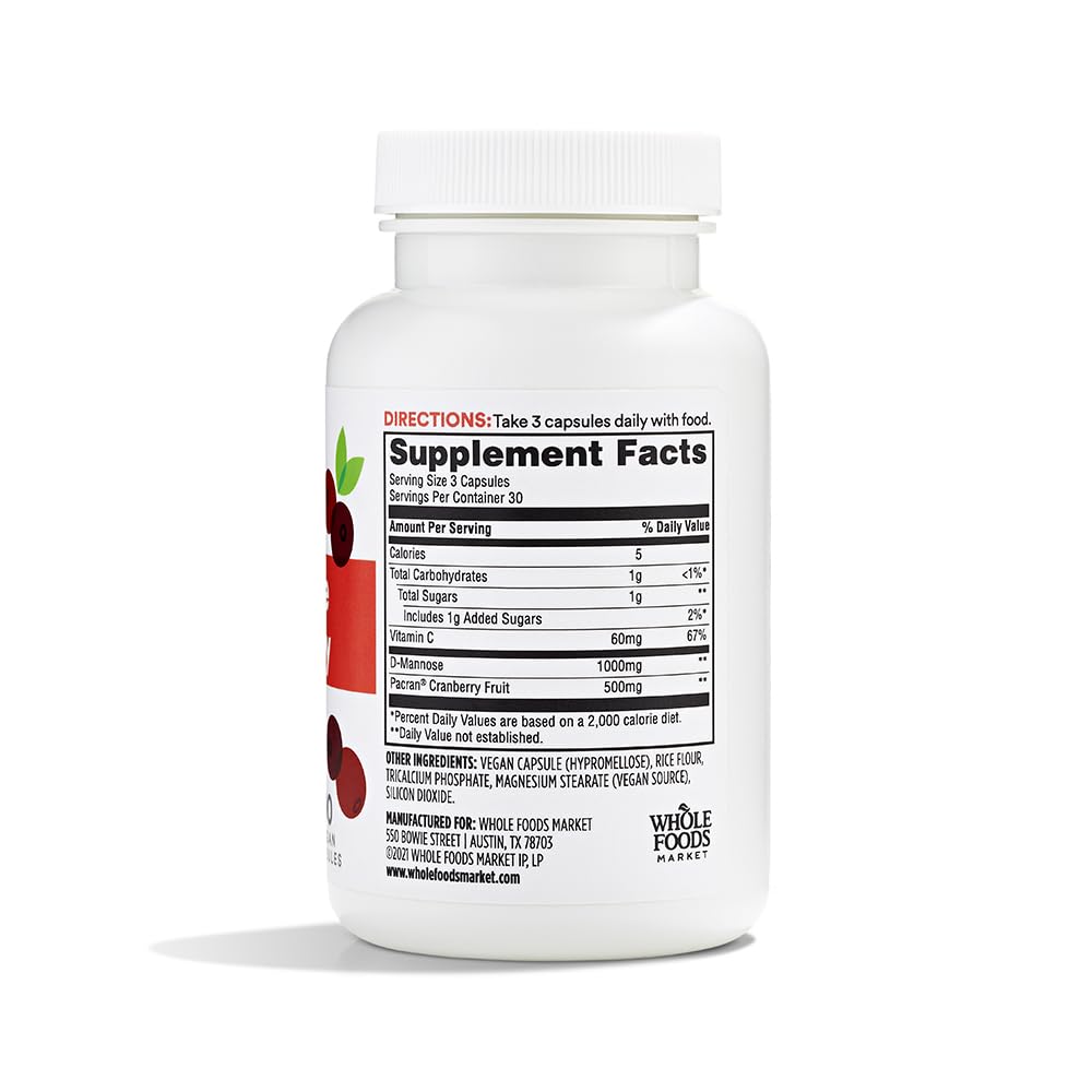 365 by Whole Foods Market D-Mannose with Cranberry label closeup highlights natural supplement blend.