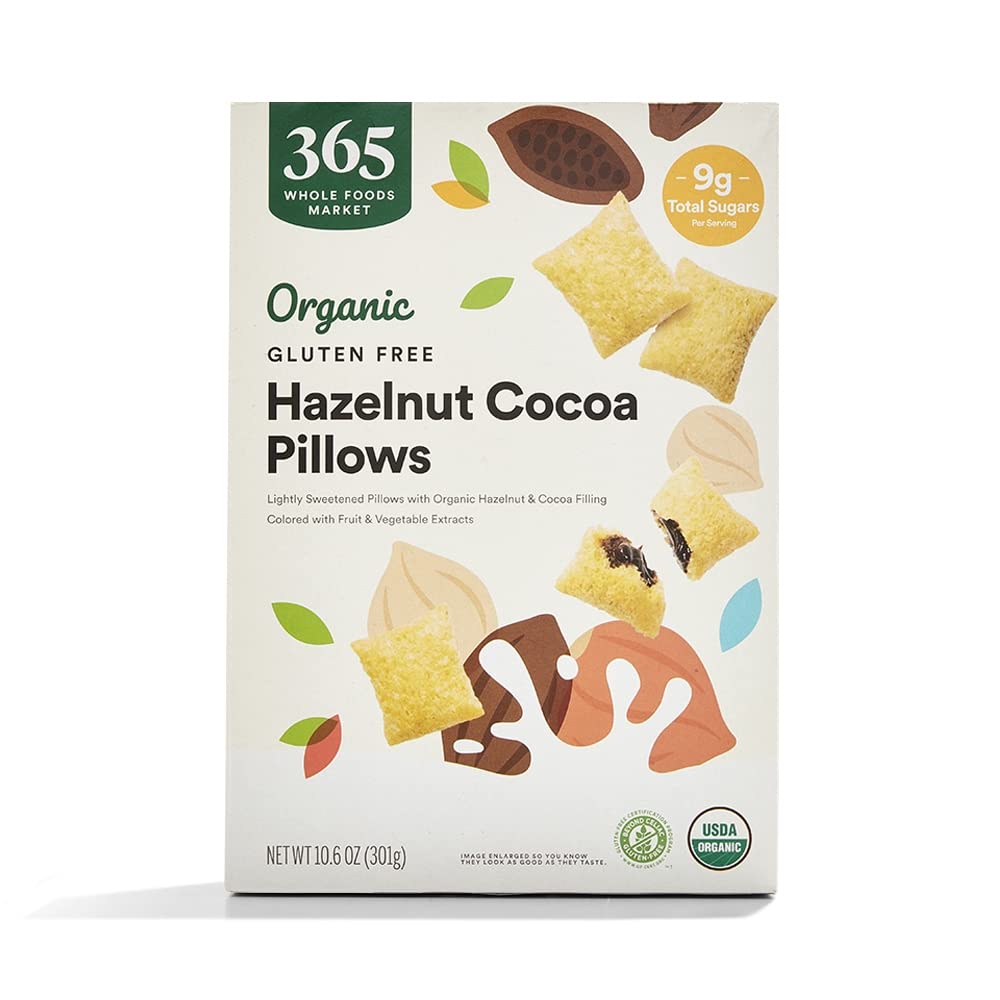 365 by Whole Foods hazelnut cocoa pillows box front with gluten-free crunch