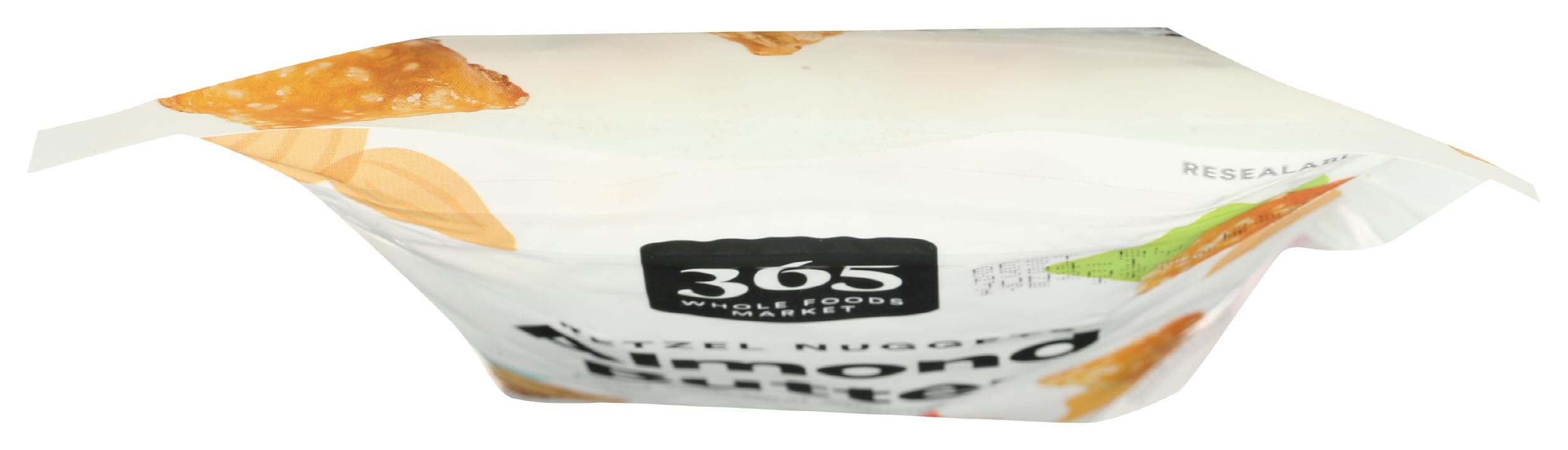 Front label highlights no artificial ingredients on 365 almond butter pretzel nuggets