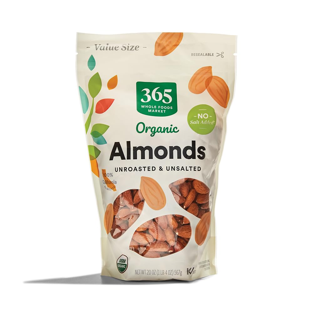 365 by Whole Foods Market organic almonds in a 20 oz bag, perfect for on-the-go snacking.