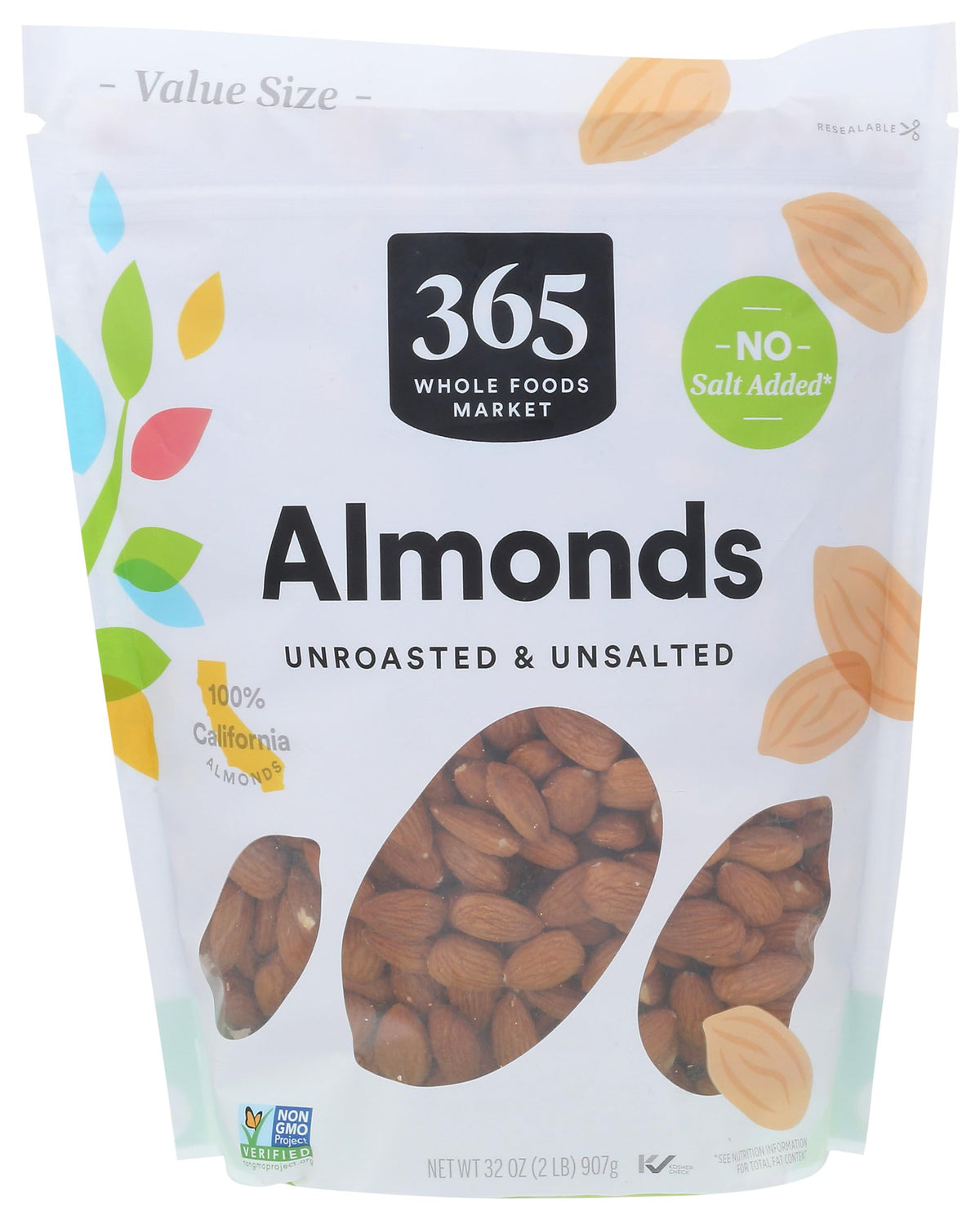 365 by Whole Foods Market raw California almonds in a 32-ounce bag for baking and snacking