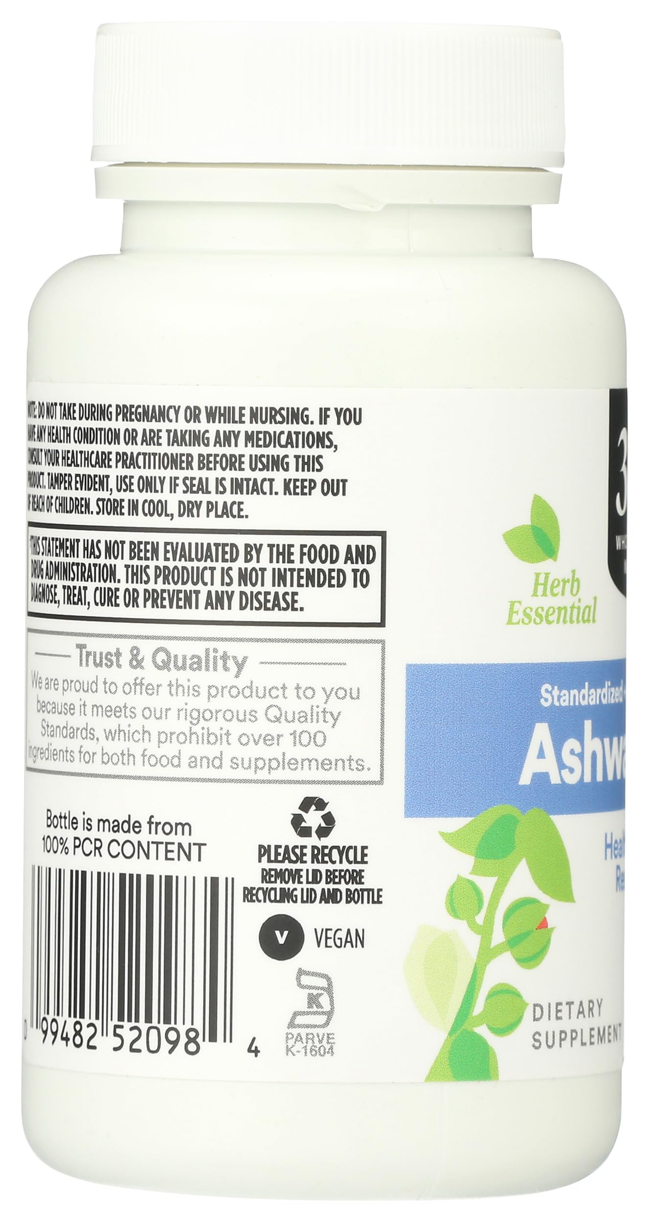365 by Whole Foods Market Ashwagandha bottle side view showing product details.