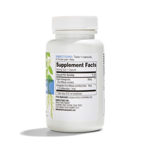 365 by Whole Foods Market Ashwagandha capsules closeup highlighting vegan capsules.