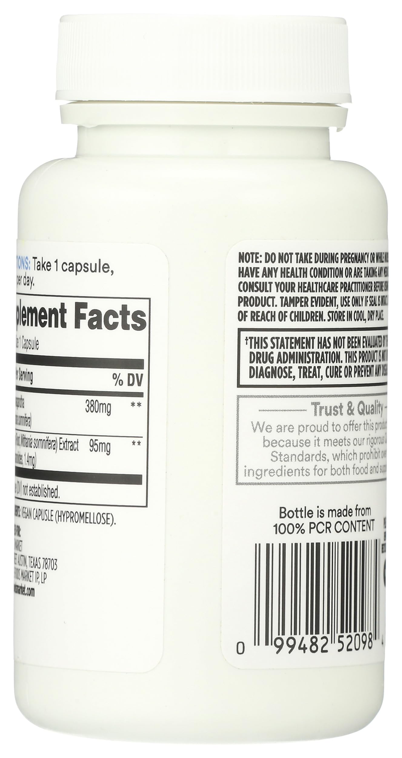 365 by Whole Foods Market Ashwagandha label detail highlighting standardized extract potency.