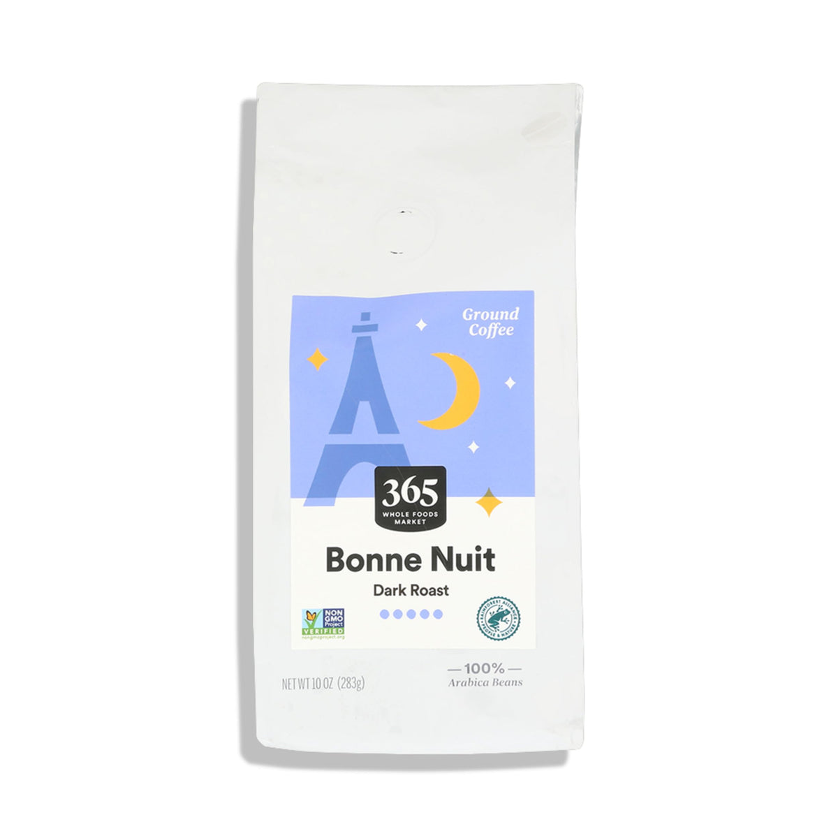 365 by Whole Foods Market Bonne Nuit ground coffee bag for bold morning brew.