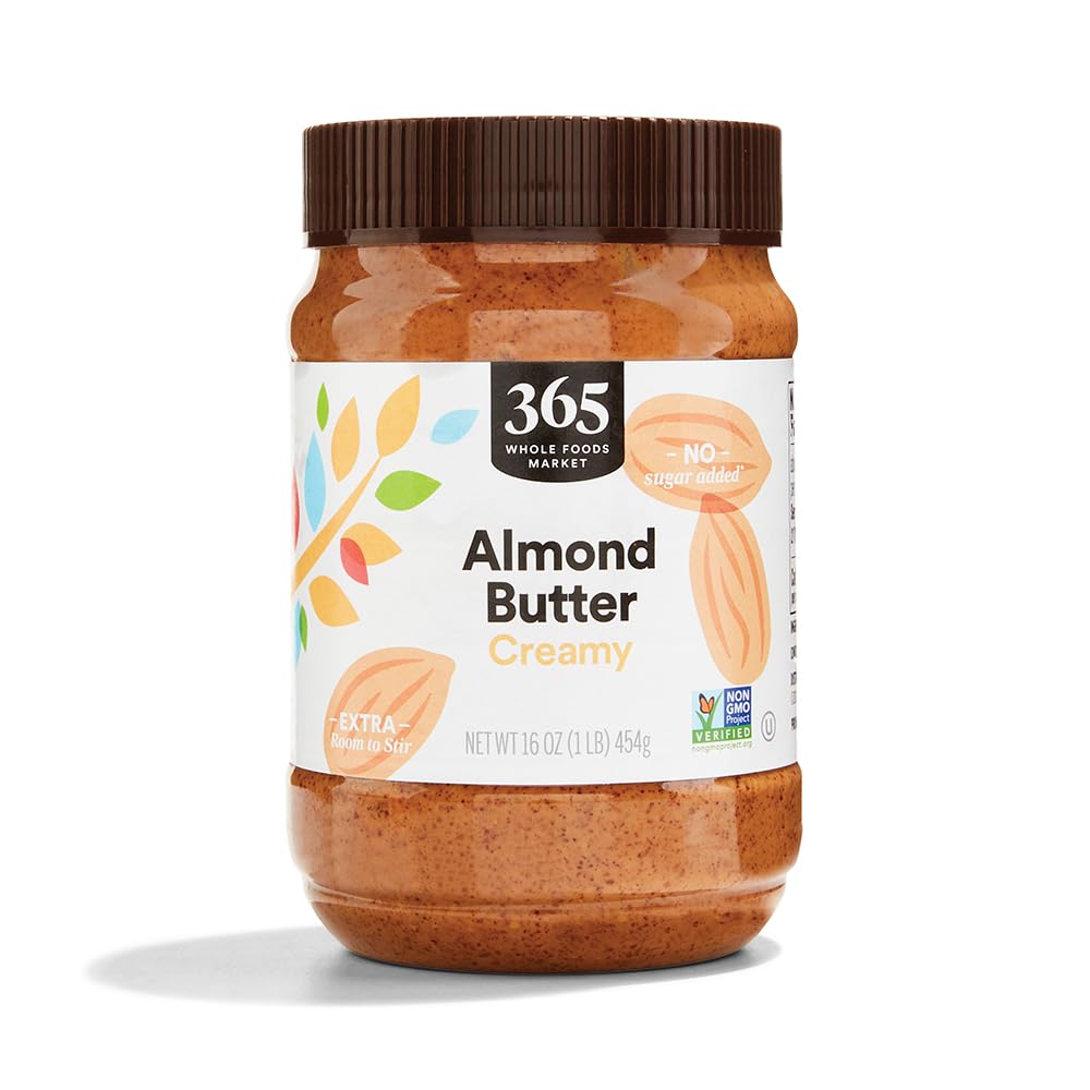 365 by Whole Foods Market creamy almond butter jar with rich, spreadable texture.