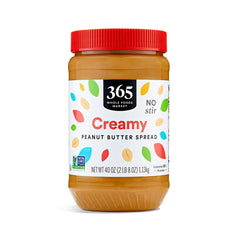 365 by Whole Foods Market creamy peanut butter spread no stir – smooth texture for quick sandwiches.