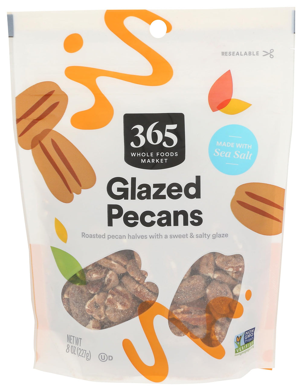 365 by Whole Foods Market glazed pecans front bag, resealable packaging for freshness.