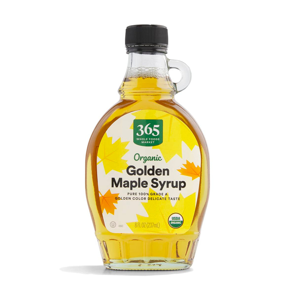 365 by Whole Foods Market maple syrup 8oz bottle pouring over pancakes