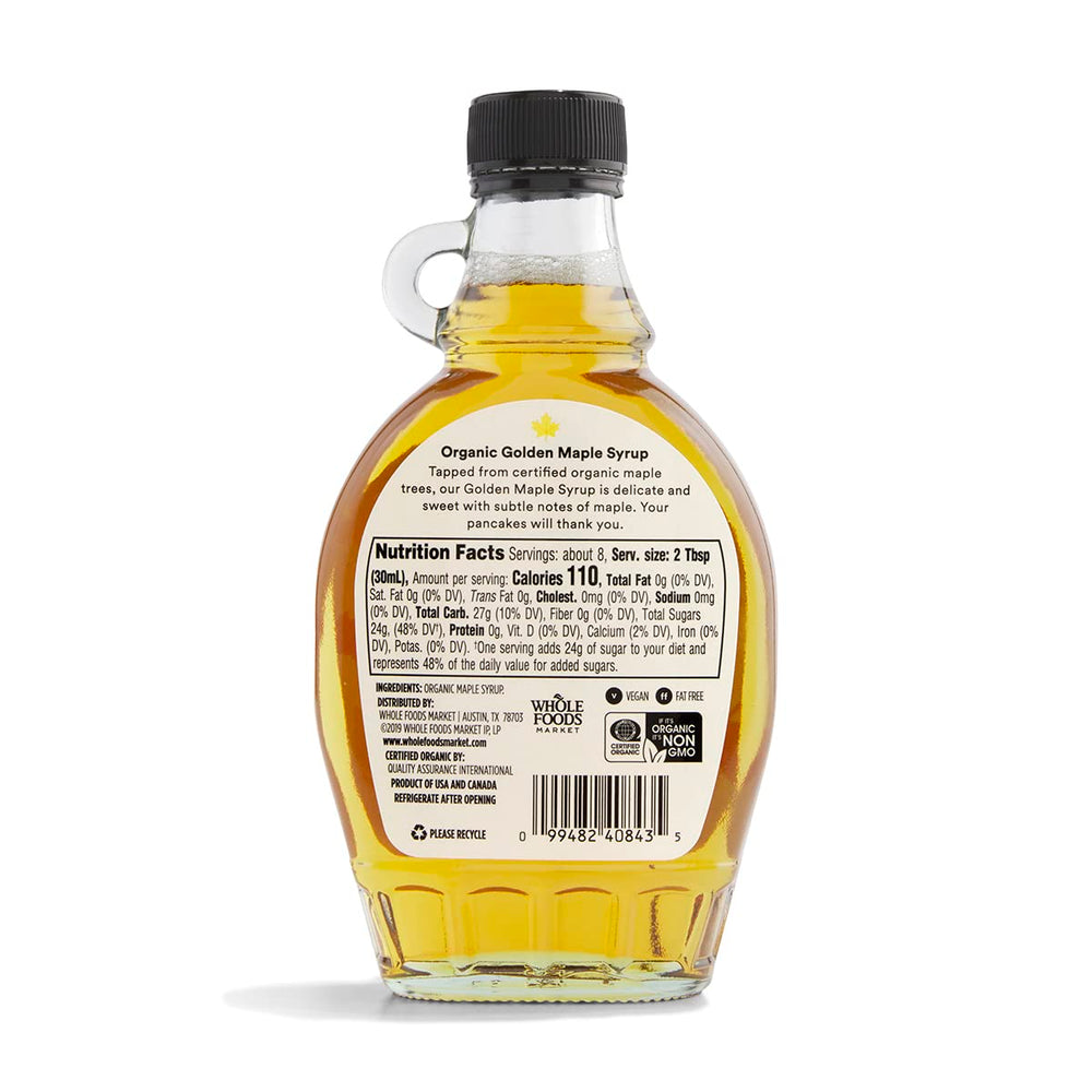 365 by Whole Foods Market maple syrup in a glass bottle with rich golden color for baking