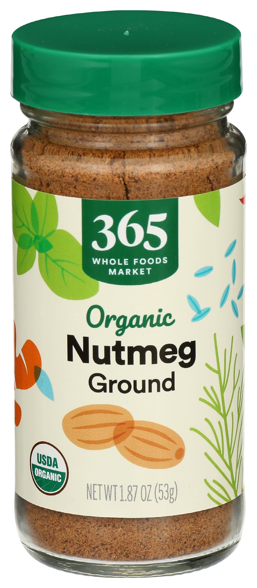365 by Whole Foods Market organic ground nutmeg in a glass jar enhances pantry freshness.