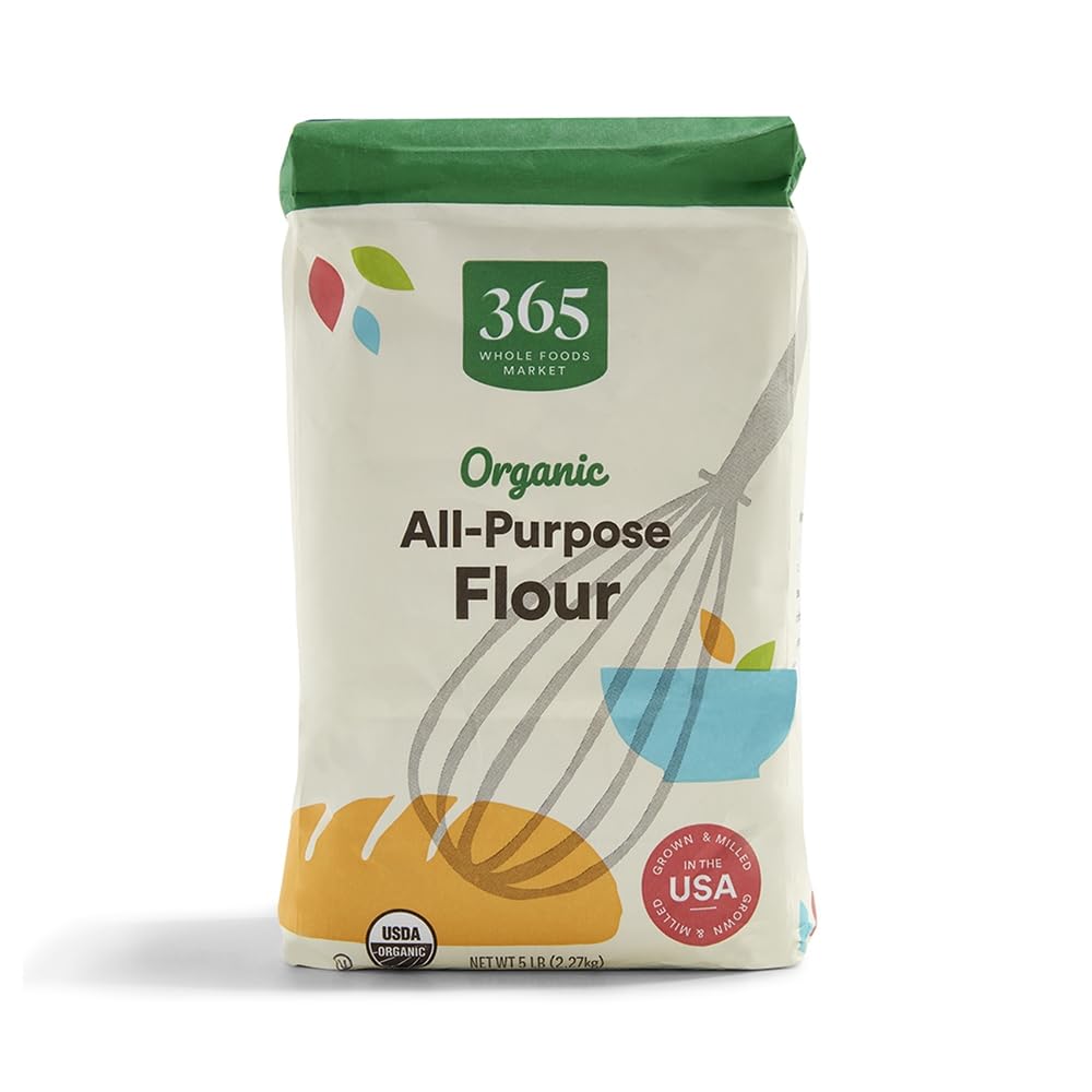 365 by Whole Foods Market Organic All-Purpose Flour package on the counter for everyday baking.