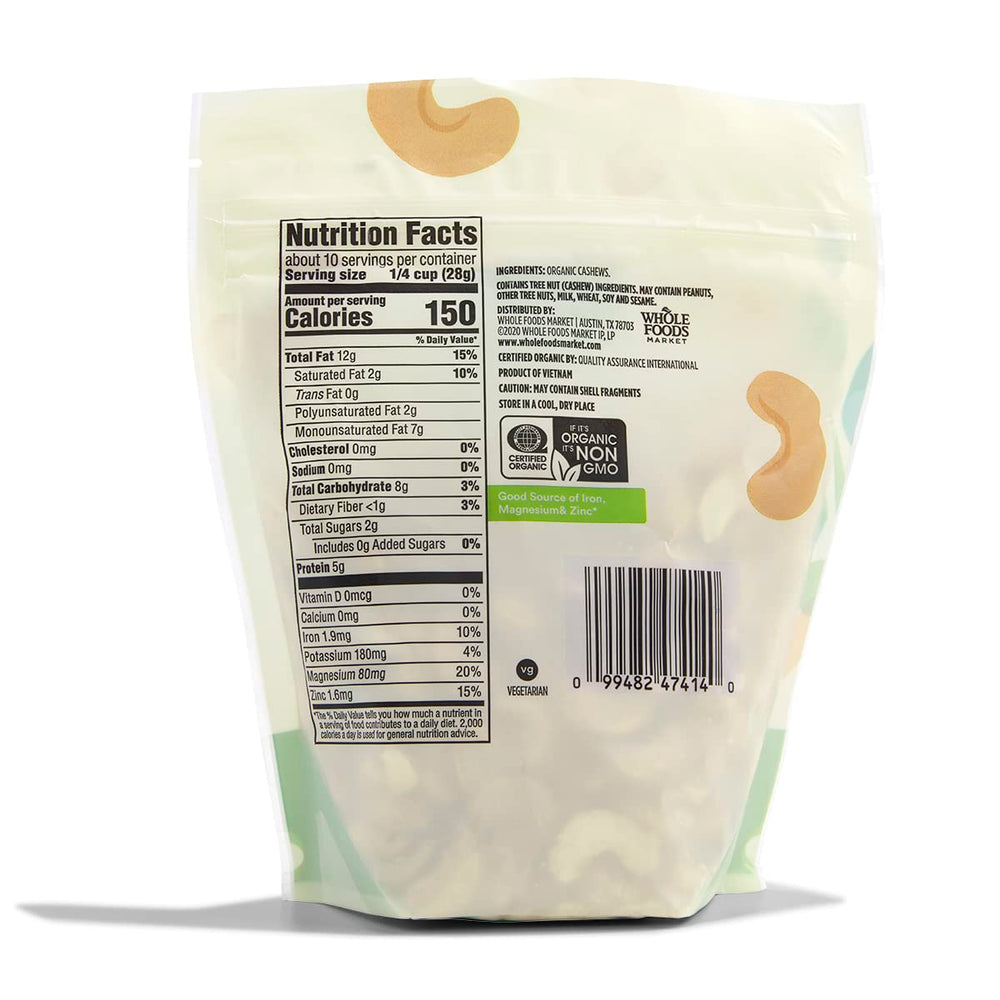 365 by Whole Foods Market organic cashews back view, iron and zinc support for meals.