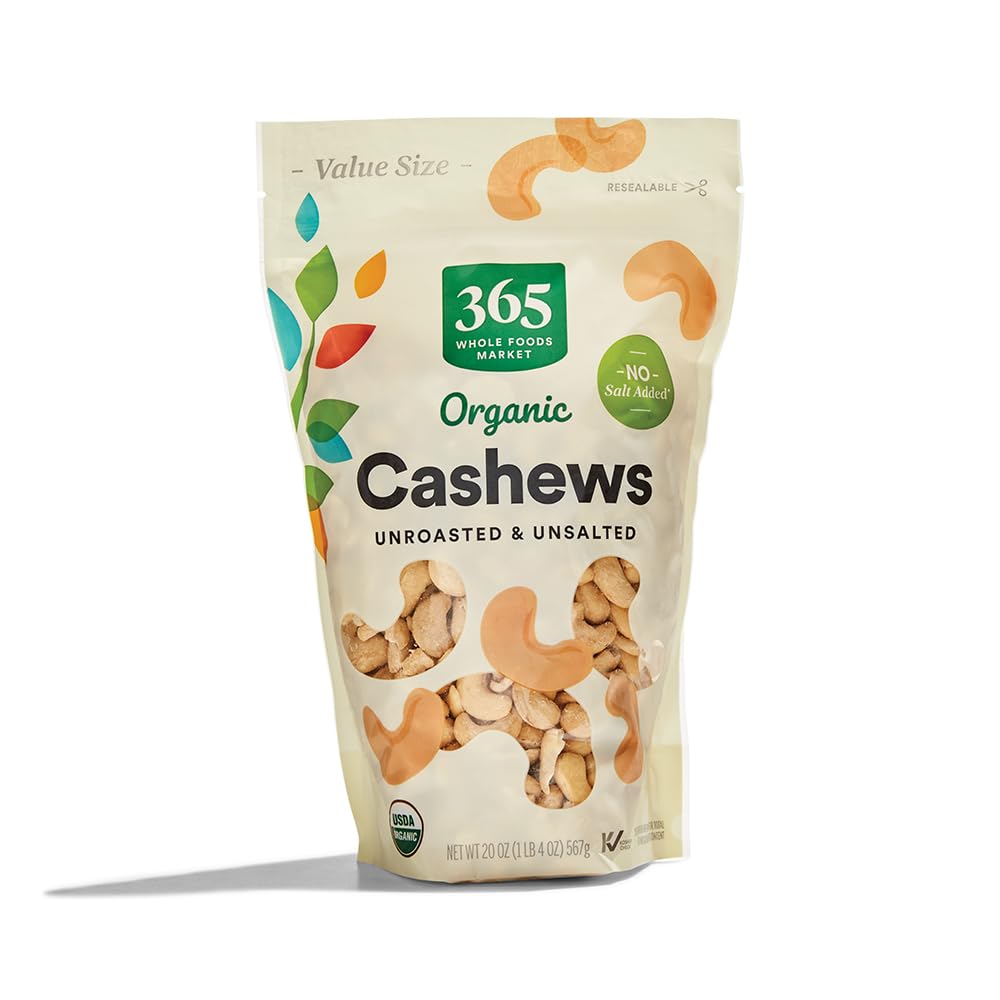 365 by Whole Foods Market organic cashews in a resealable bag, ideal for snacking.