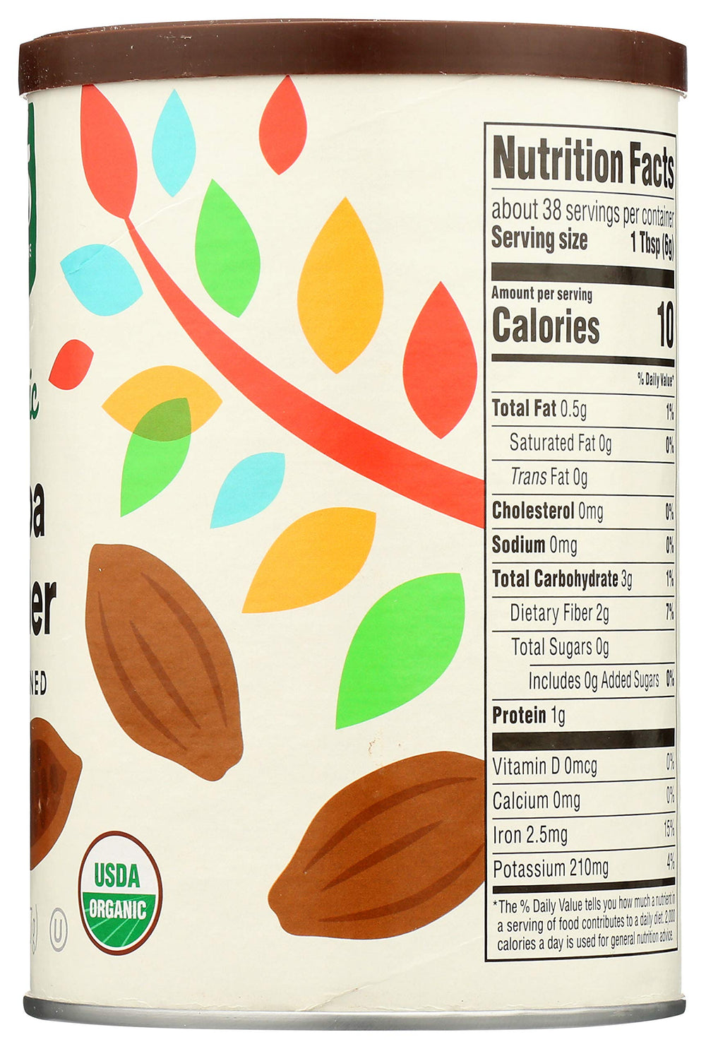 365 by Whole Foods Market organic cocoa powder label highlights organic and fair trade ingredients