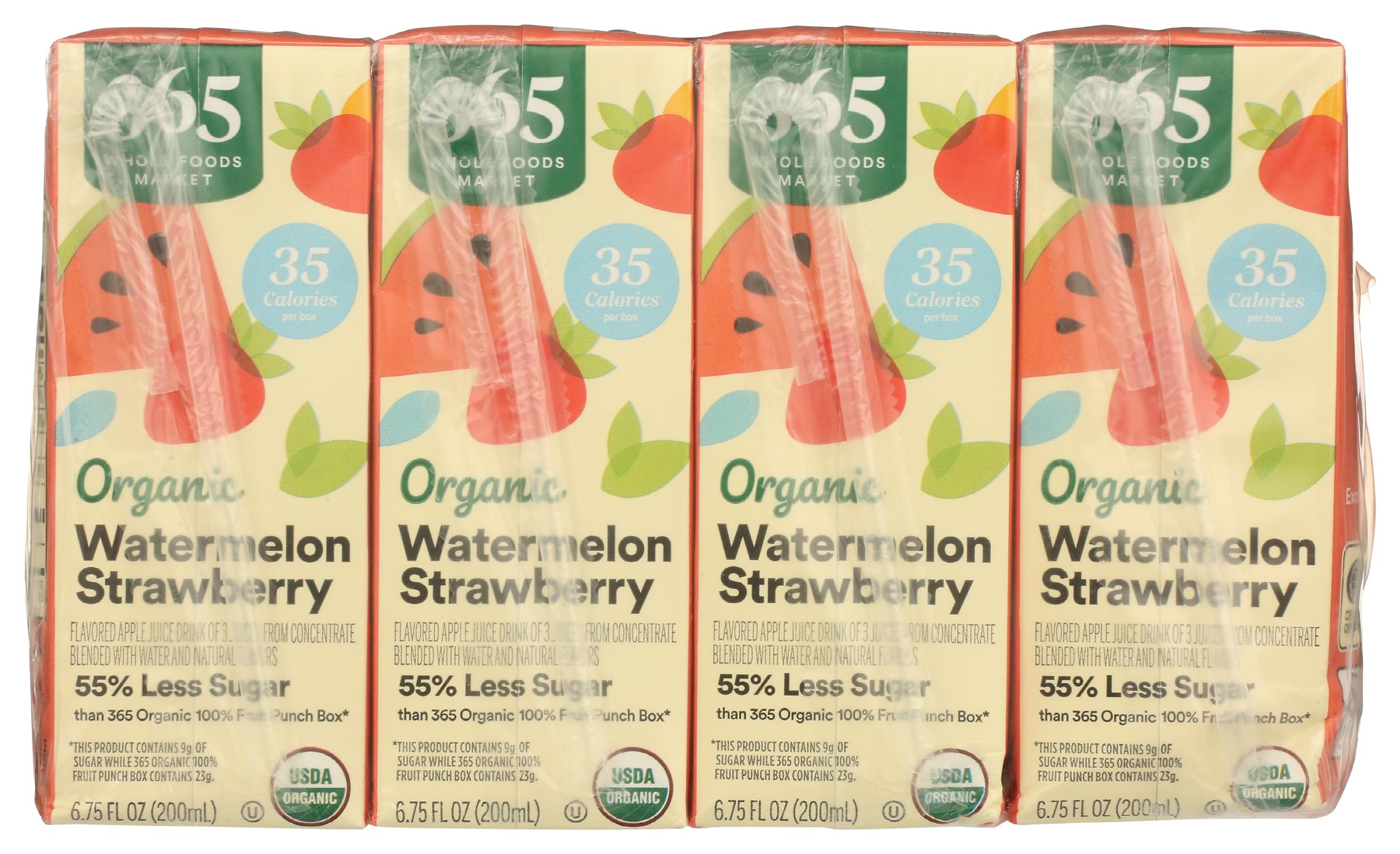 365 by Whole Foods Market organic juice label close-up, highlights ingredient standards.