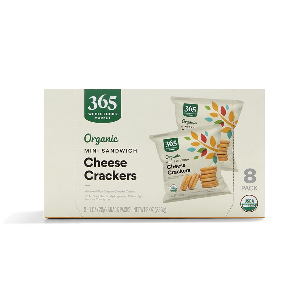 365 by Whole Foods Market organic mini cheddar cheese crackers front view, ideal for lunchboxes.