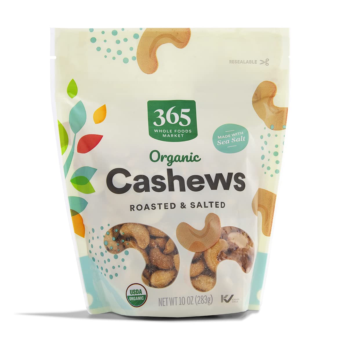 365 by Whole Foods Market organic roasted cashews pack; convenient 10 oz snacking.