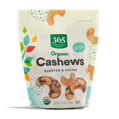 365 by Whole Foods Market organic roasted cashews pack; convenient 10 oz snacking.