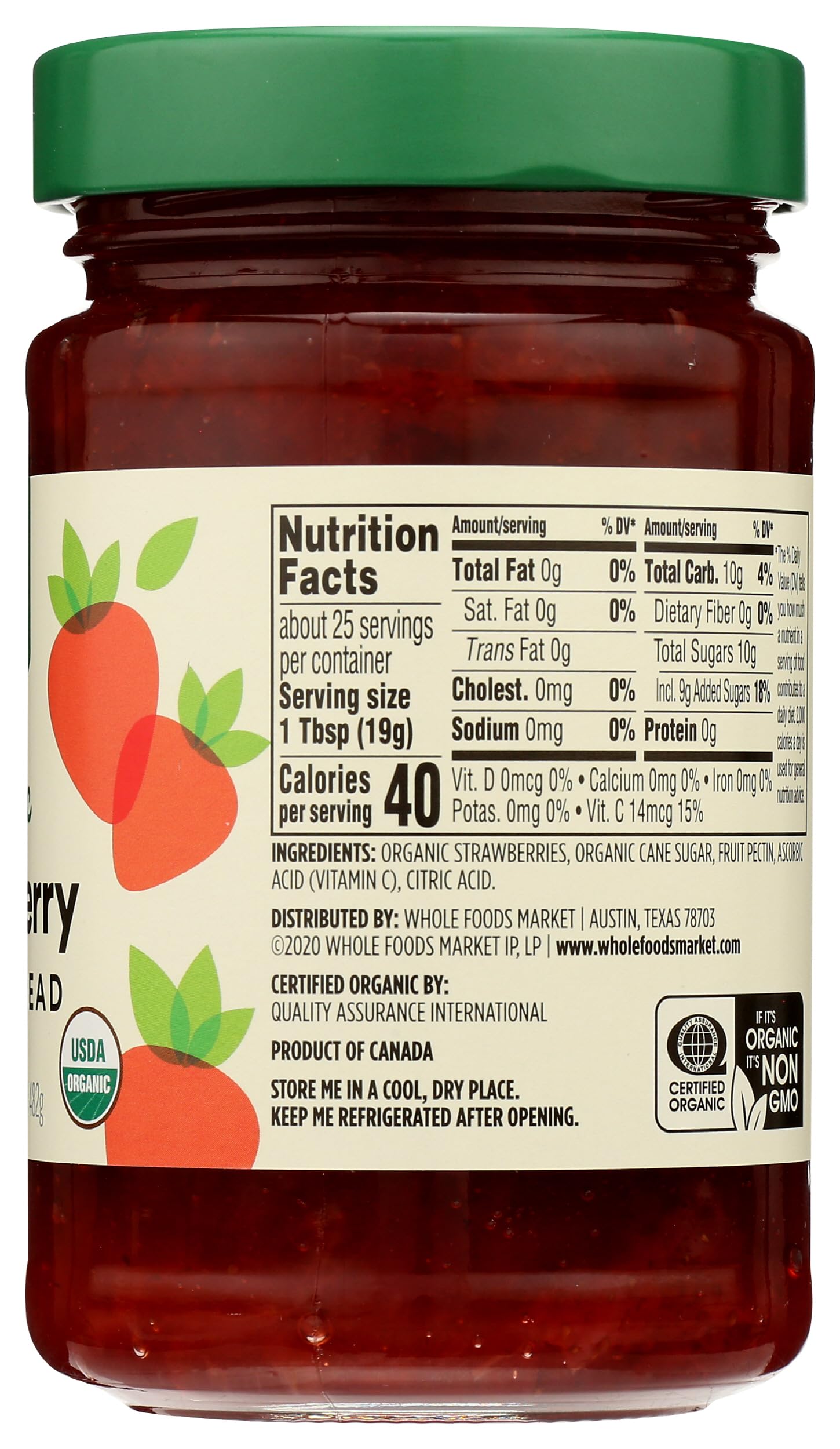 365 by Whole Foods Market Organic Strawberry Fruit Spread ingredients close-up highlighting natural pectin.