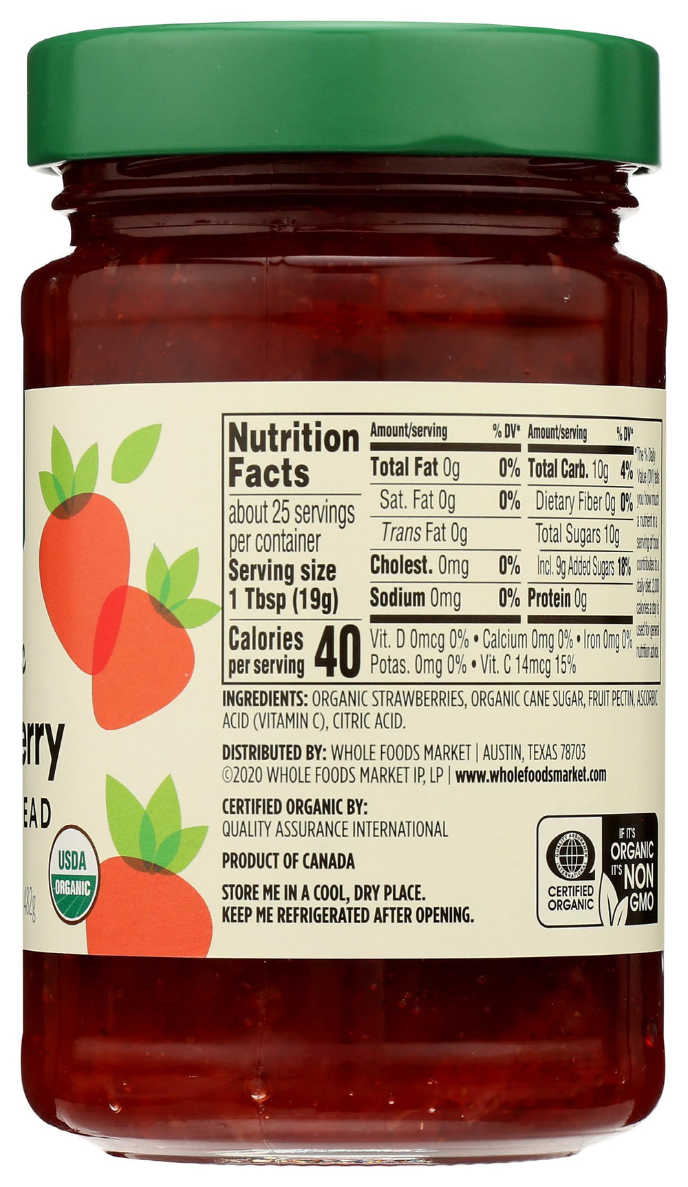 365 by Whole Foods Market Organic Strawberry Fruit Spread ingredients close-up highlighting natural pectin.