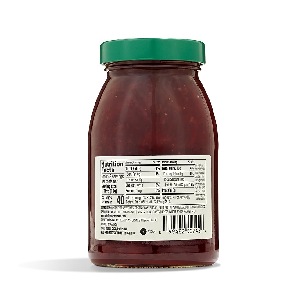365 by Whole Foods Market Organic Strawberry Fruit Spread on toast, enhances breakfast with bright berry flavor.