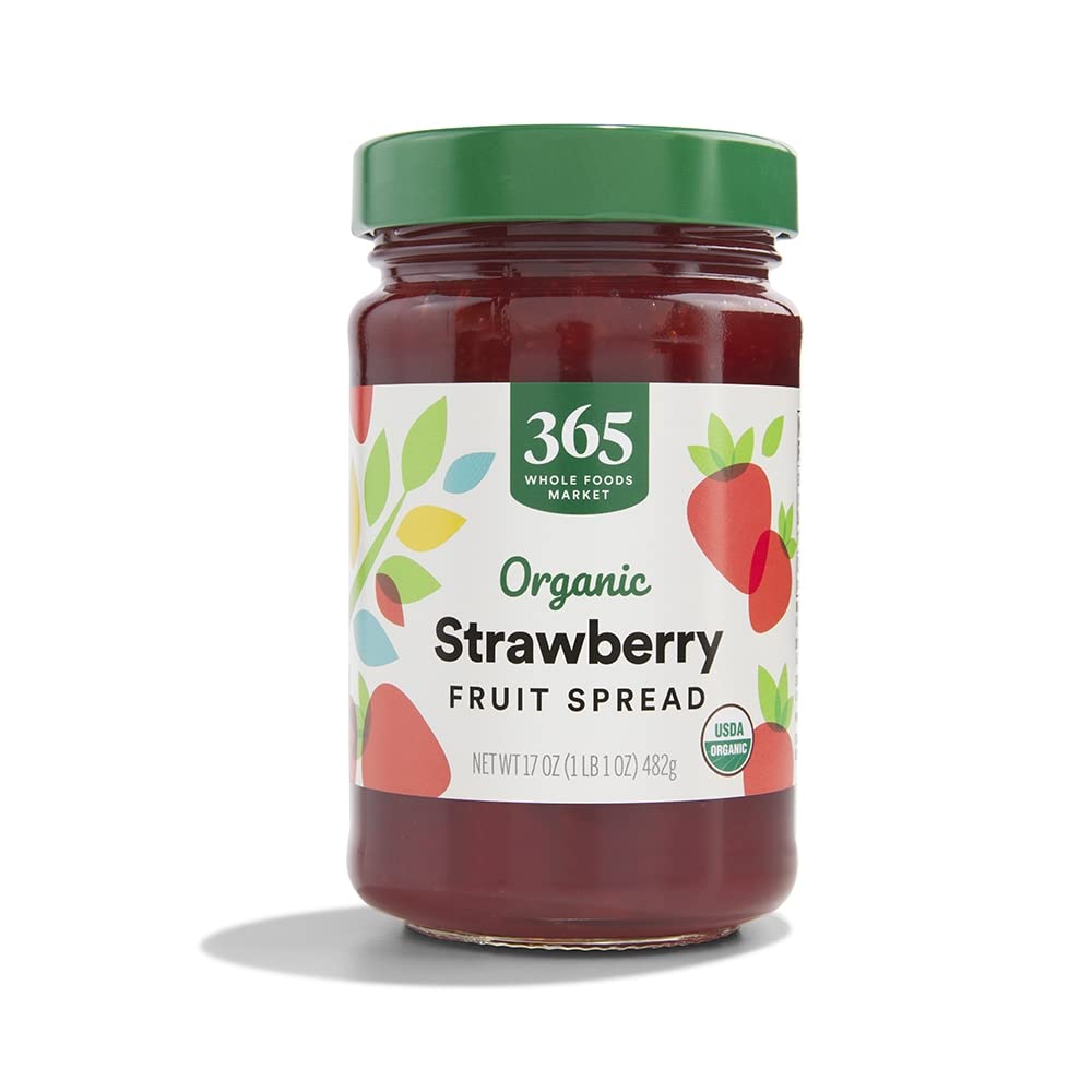 365 by Whole Foods Market Organic Strawberry Fruit Spread jar ideal for topping toast.
