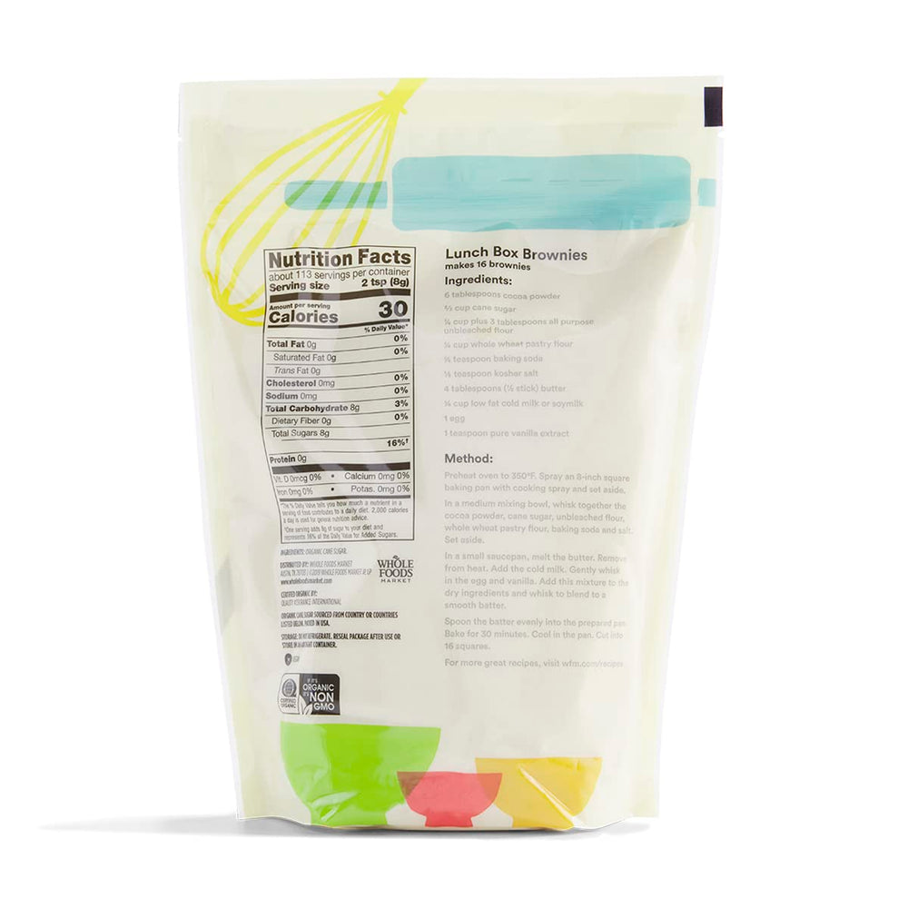 365 by Whole Foods Market Organic Sugar label closeup, showcasing pure cane sugar ideal for recipes