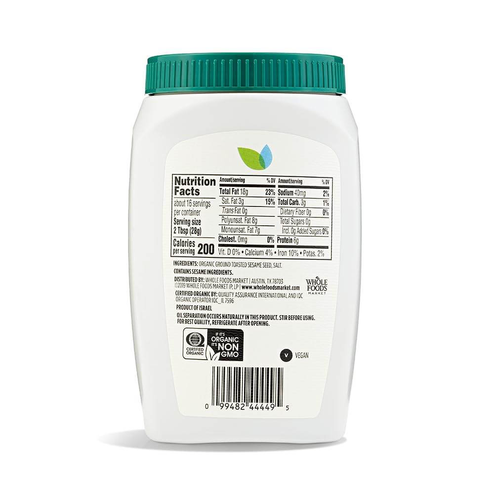 365 by Whole Foods Market Organic Tahini label close up highlights organic sesame content
