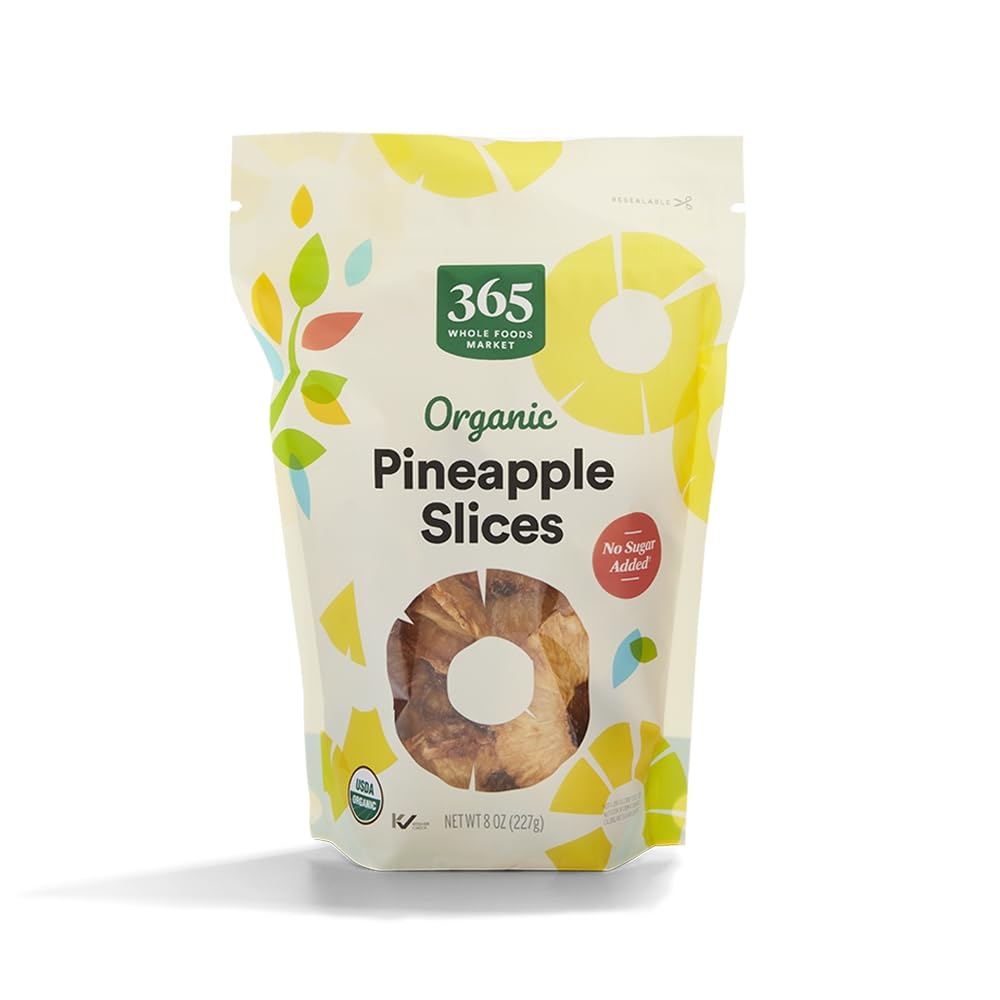 365 by Whole Foods Market organic unsweetened dried pineapple close-up, convenient on-the-go snack.