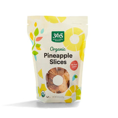 365 by Whole Foods Market organic unsweetened dried pineapple close-up, convenient on-the-go snack.