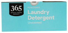 Label closeup showing unscented formula and listed ingredients for 365 by Whole Foods Market detergent