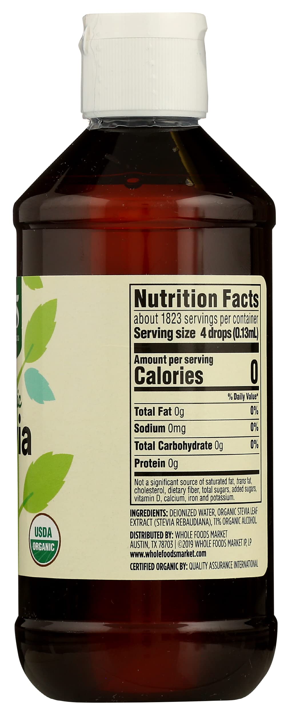 365 by Whole Foods Market Organic Stevia Liquid Extract used in coffee for flavor without sugar.