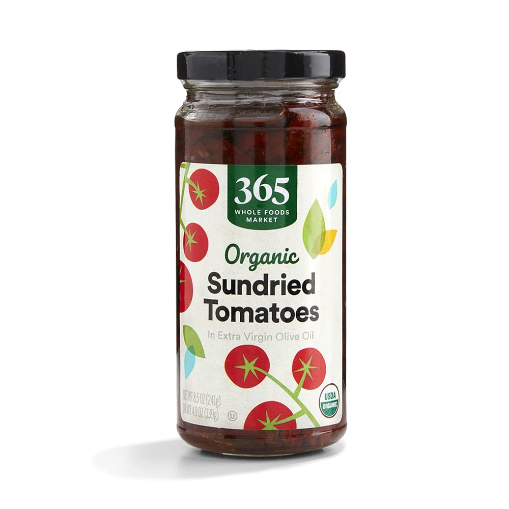 365 by Whole Foods Market sundried tomatoes in olive oil jar, perfect for quick, flavorful pasta toppings.