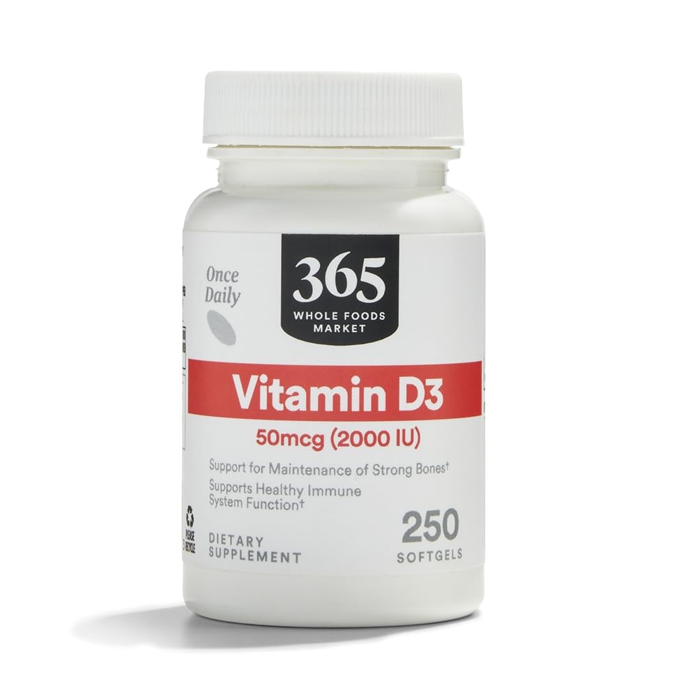 365 by Whole Foods Vitamin D3 softgels bottle front view for immune support.